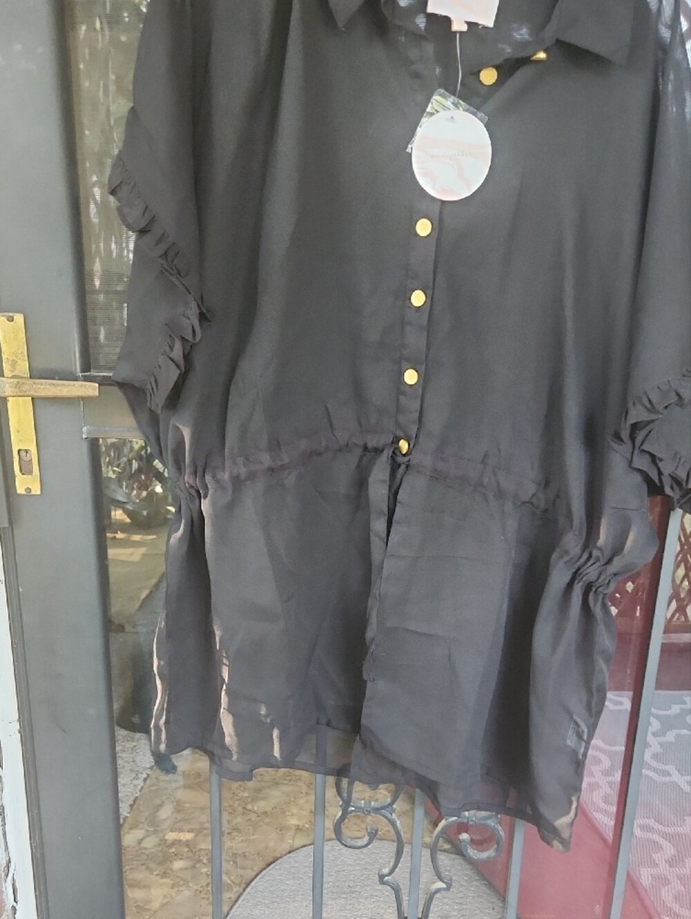 Black Ruffle-Sleeve Button-Front Tunic with Gold Buttons - Picture 2 of 5